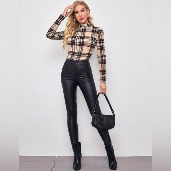 Mock Neck Plaid Form Fitted Bodysuit - Picture 5 of 5